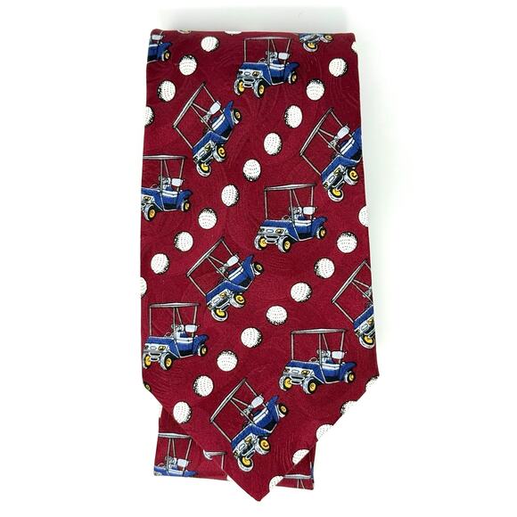 Golf Tie by Barry Wells 100% Silk Made in USA Red with Golf Carts and Balls - Picture 1 of 7